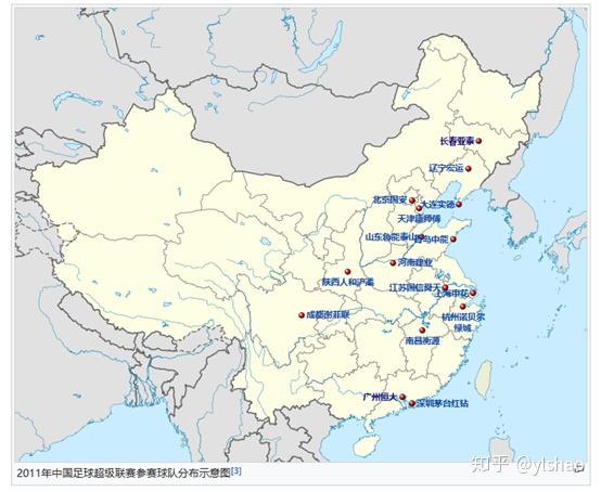 下图为2011-2019年中超球队城市分布图（友情提示